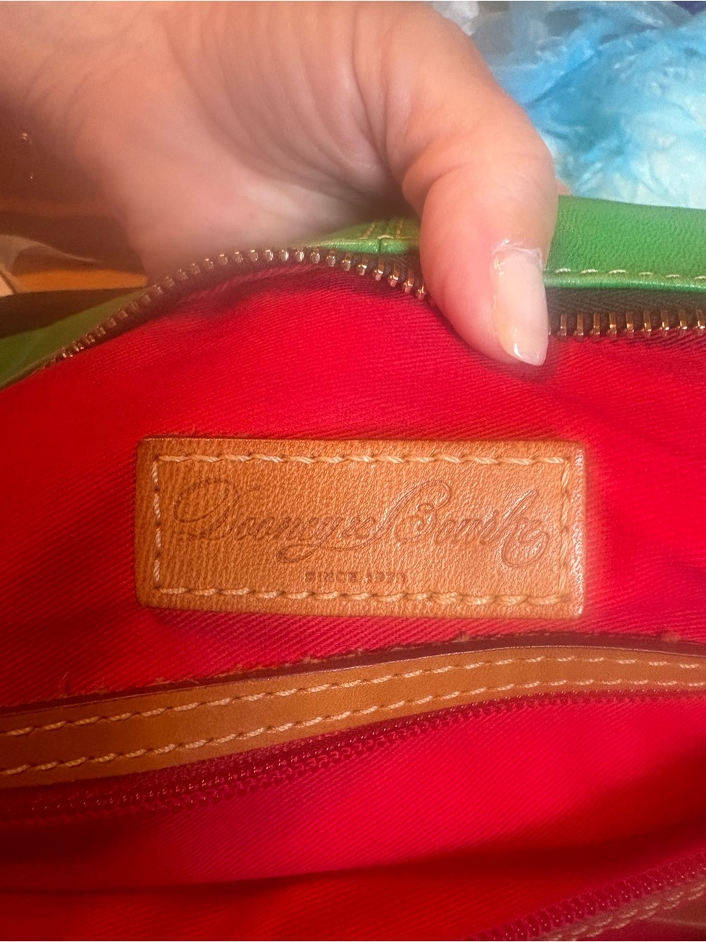 Dooney & Bourke Green Leather Wristlet with Red Lining
